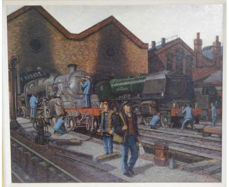 Frank W Johnson (1917-1998). City of Birmingham locomotive, green livery, engine yard, oil on board, signed and dated 1982, 4