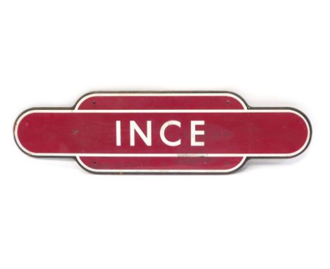 An Ince red enamel railway station sign, 92cm wide.