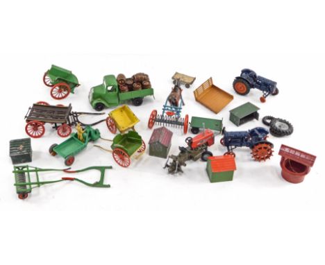 Dinky &amp; Britains die cast farm vehicles and implements, including Dinky Toys moto cart, horse and plough, etc. (1 tray)