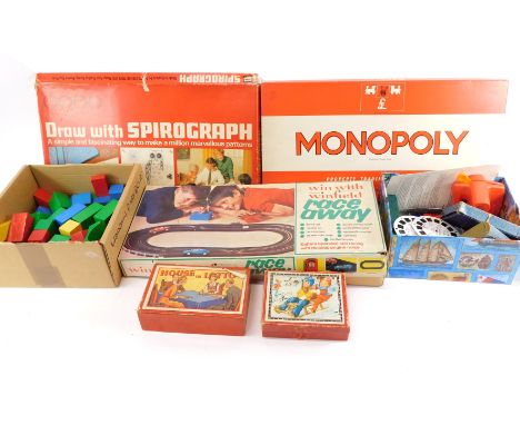 Vintage toys and games, to include a Denys Fisher Spirograph, Monopoly, Rubik's Cube, 3D Viewmaster, wooden blocks, etc. (a q