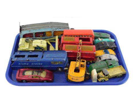 Die cast vehicles, play worn, to include Ecurie Ecosse car transporter,  Corgi Major Toys Euclid TC-12 tractor, Dinky Toys ca
