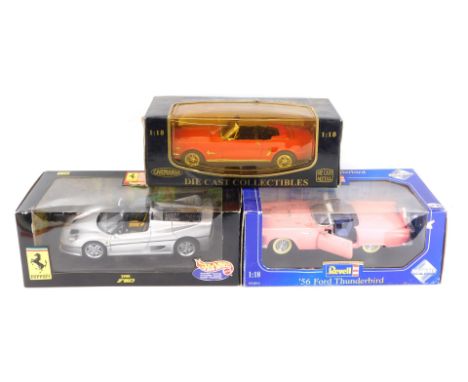 Die cast cars, 1:18 scale, comprising Hot Wheels 1995 Ferrari F50, Carmania Ford Mustang convertible 1964 and a Revell 1956 F