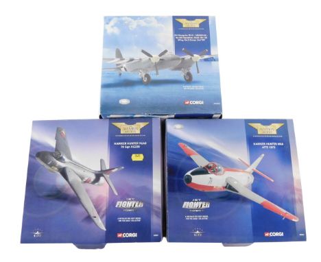 Corgi Aviation Archive diecast aircraft, 1:72 scale, comprising Hawker Hunter FGA9 79 Sqn X9228, Hawker Hunter Mk6 4Fts 1973,