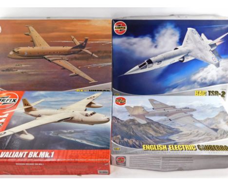 Airfix 1:72 scale model construction kits, including a Vickers Valiant BK. Mark I, BAE Nimrod, BAC TSR-2, and an English Elec