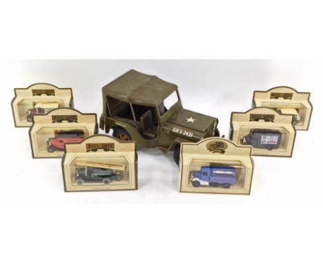 A Tonka US Army Willie's jeep and Days Gone die cast vehicles, including a Royal Mail van, OXO City Suburban Carriers Limited