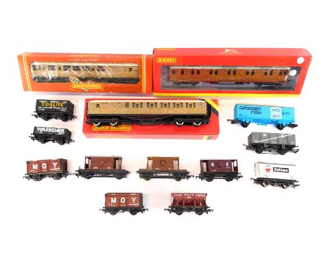 Hornby OO gauge rolling stock, including an LNER 61ft 6 inches corridor sleeper coach, an LNER brake composite coach, wagons,