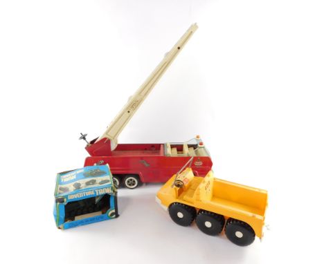 A Tonka fire engine, Tomy Adventure Tank, and a Mob Super Juette Dune Buggy. (3)