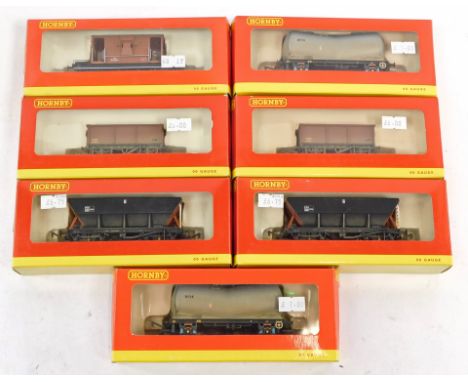 Hornby OO gauge rolling stock, including R6085 BR mineral wagon, Hornby R6153 LNV tanker wagons, Hornby R6152 HAA Hopper wago