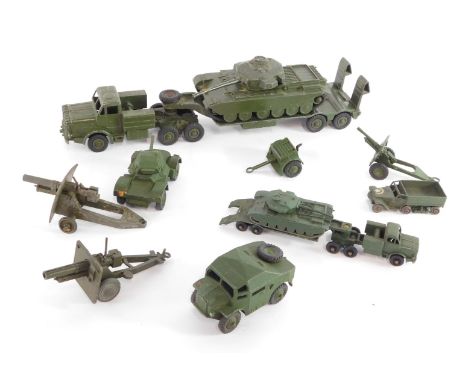 Lesney and Dinky diecast military vehicles, including Centurian Tank and trailer, Field Artillery tractor, armoured car, etc.