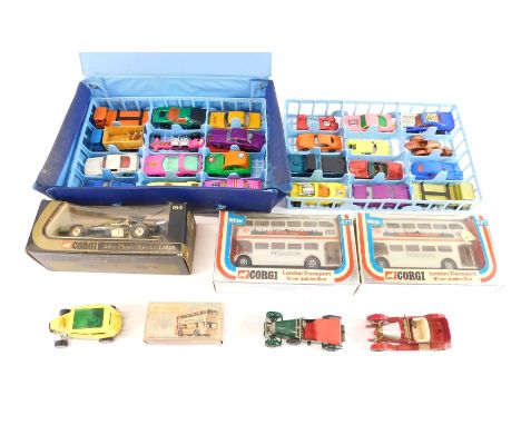 Corgi and Matchbox die cast vehicles, including a Corgi 154 John Player Special Lotus, London Transport Silver Jubilee Bus, M