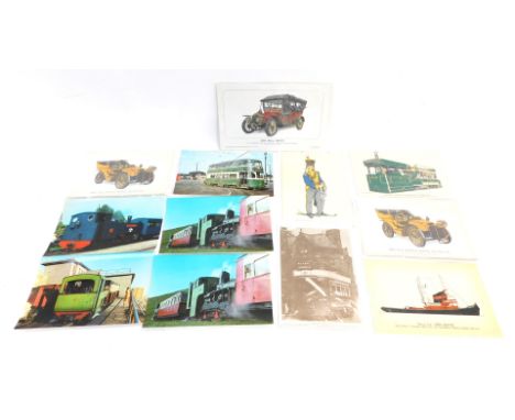 A group of Prescott-Pickup motorcar posters and prints, comprising 1907 Rover, Eccles Cross tram photographs, motor tug boats