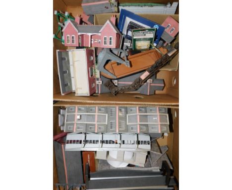 A group of built Metcalfe cardboard OO gauge buildings, to include station waiting room and toilets, engine sheds, platform s