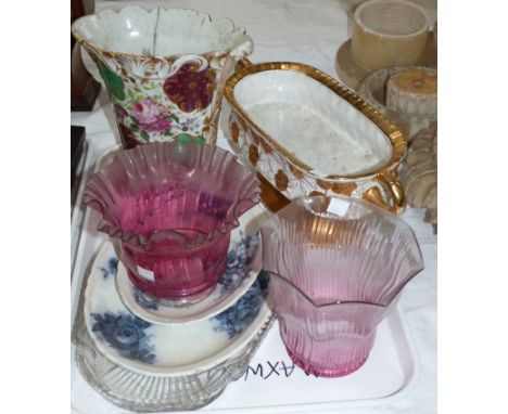 Two pairs of Edwardian cut glass light shades; 2 others