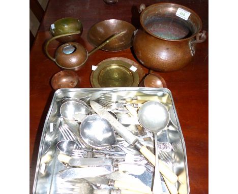 A beaten copper cauldron, 2 similar bowls, metalware, EPNS cutlery including a silver handled knife, fork, spoon etc