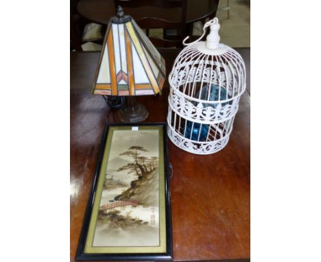 A Tiffany style lamp, another lamp, a decorative 'bird cage',3 glass baubles, framed Japanese picture with gilt decoration