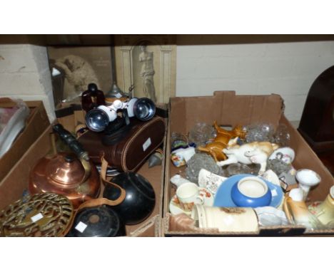 A pair of binoculars; a firescreen; glass and china; a pair of bowls; etc.