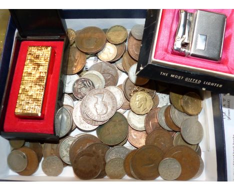 A collection of pre-decimal silver and copper coinage; A 1960's engine turned Calibri Monopol lighter, in original box; a Kin