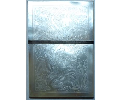 A mother-of-pearl card case with silver band and fine etched decoration of exotic birds (corner shipped)