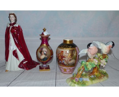 A Vienna porcelain baluster vase with polychrome vignette portrait panel, height 6" (lid a.f.); a similar Vienna vase with cl