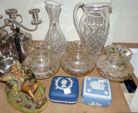 A large Stuart cut glass jug and vase; 2 Wedgwood trinket boxes; a Capodimonte style figure; 3 glass light shades; a selectio