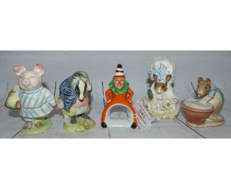 Four Beswick Beatrix Potter figures with gold back stamps:  Lady Mouse; Tommy Brock; Anna Maria & Little Pig Robinson; a Carl