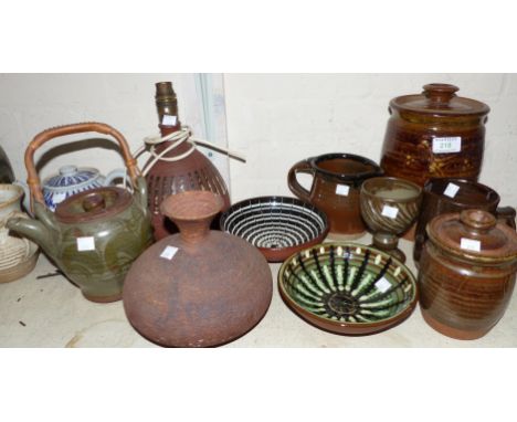 A large studio pottery covered jar by Roger John Cockram, Northcott Pottery; a similar smaller covered jar; 2 studio pottery 