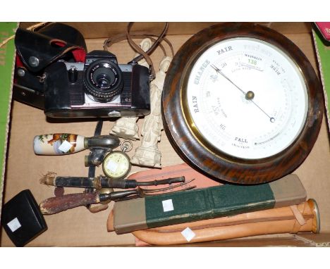 An aneroid barometer; a German porcelain pipe; a military stopwatch; a Ronson lighter, boxed; collectables; a print