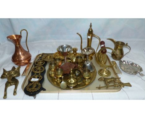 A brass fox door knocker; various brass and metalware; silver plated goblets; etc.