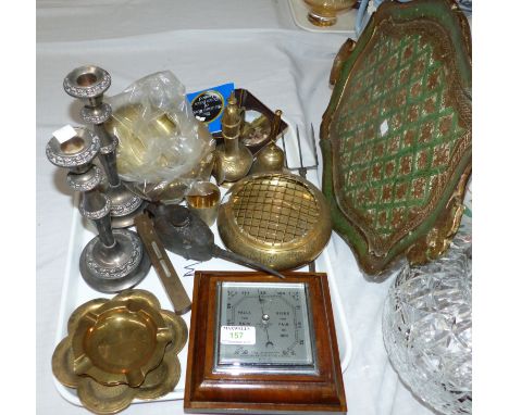 A cased set of sovereign scales; 5 graduating bell weights; ornamental metalware; a barometer; costume jewellery