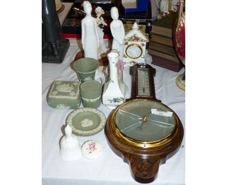 A barometer; a clock; a Royal Albert Country Roses clock; Jasperware; 2 Spode figures (1 a.f.)