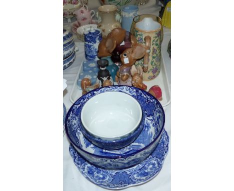 An Abbey blue and white bowl; plates and coffee pot; 7 Pendelfin figures; Wedgwood trinket boxes; etc.