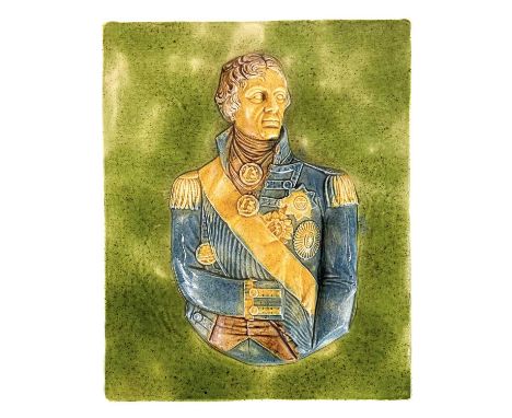 A pottery portrait plaque of Nelson in Whieldon type glaze. Moulded in high relief, 24cm x 19.5cm.