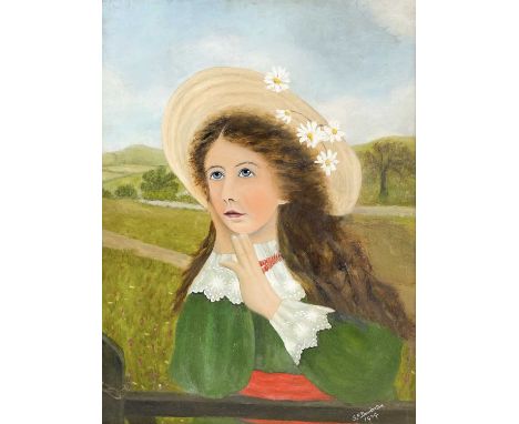 S M Dunkerton? Primitive portrait of a young lady, signed and dated 1909, oil on panel, 50X37.5cm