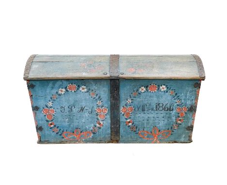 A Swedish blue painted dome top oak marriage trunk. Initialled and dated 1866, with floral painted garlands and iron bands, t