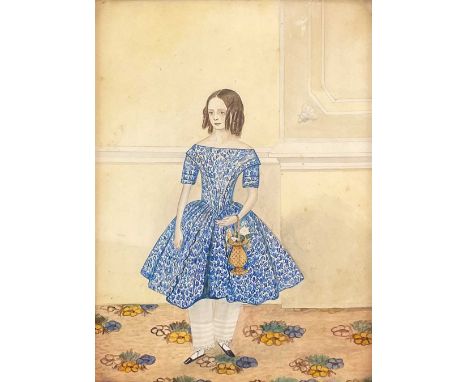 English School, circa 1850. Portrait of a young girl in a blue foliate dress, watercolour, 20.5X15.5cm, in a gilt gesso frame