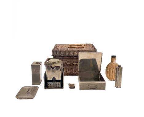 A G.W Scott &amp; Sons wicker picnic hamper. With pewter kettle paraffin burner, hip flask and pewter containers.