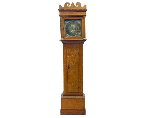 A George III oak thirty-hour longcase clock, by Samuel Buxton Diss. The 10" brass face engraved with two pheasants, single ha