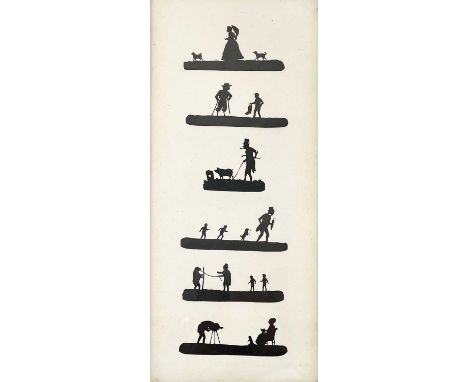 A Victorian cut paper silhouette picture. Depicting characters at various pursuits, including a photographer taking a portrai