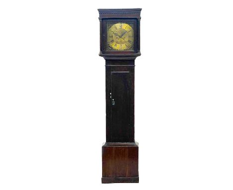 An oak eight-day longcase clock. The 29cm square brass dial signed Rogers, Leominster, with calendar niche, the plain case wi