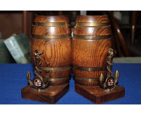 PAIR OF BOOKENDS in the form of a barrel, together with a German kundo brass dome clock