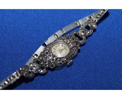 LADY'S FINE SILVER MARCASITE COCKTAIL WATCH seventeen jewels manual wind movement