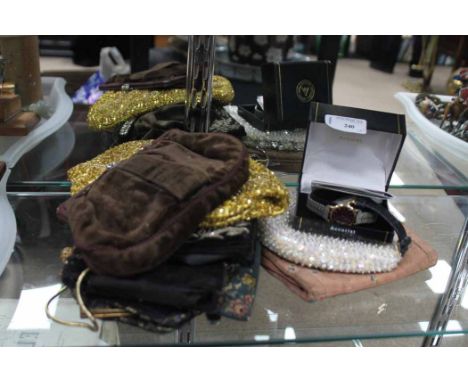 RAYMOND WEIL WATCH, ACCURIST WATCH AND A COLLECTION OF LADY'S VINTAGE HANDBAGS 