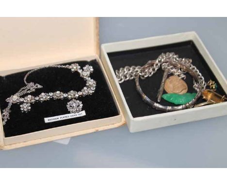 LOT OF SILVER AND OTHER JEWELLERYincluding a silver Albert chain, a silver bangle, a silver mother of pearl stud set, brooche
