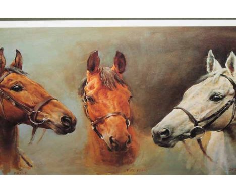 MODERN LITHOGRAPH DEPICTING 'WE THREE KINGS'including Arkle, Red Rum and Desert Orchid, mounted, framed and under glass 