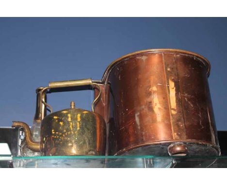 BRASS AND COPPER FUEL BIN also a brass tea kettle and a glass decanter