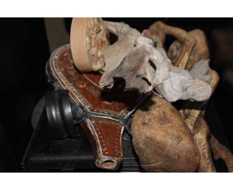 LOT OF COLLECTABLESincluding African carved bone figures, copper bellows, resin figure, etc 