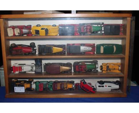 LOT OF VINTAGE TOY CARSin glazed wooden display case