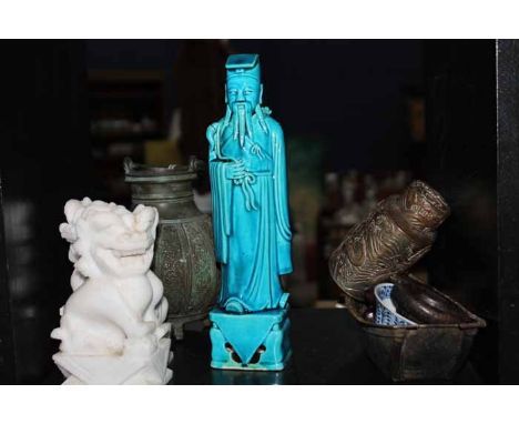LOT OF ASIAN COLLECTABLESincluding a modern Chinese blue glazed figure of a deity, tea caddy, etc 