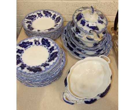 Thirty-five pieces of Johnson Bros "Normandy" blue and white dinnerware, including a soup tureen and cover, 31cm wide with la