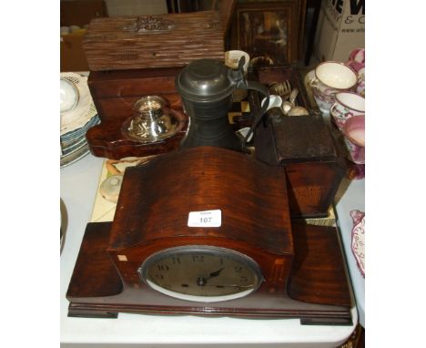 An inlaid striking mantel clock (movement damaged), a wooden model cradle, LP and 78rpm records, three mirrors and other item